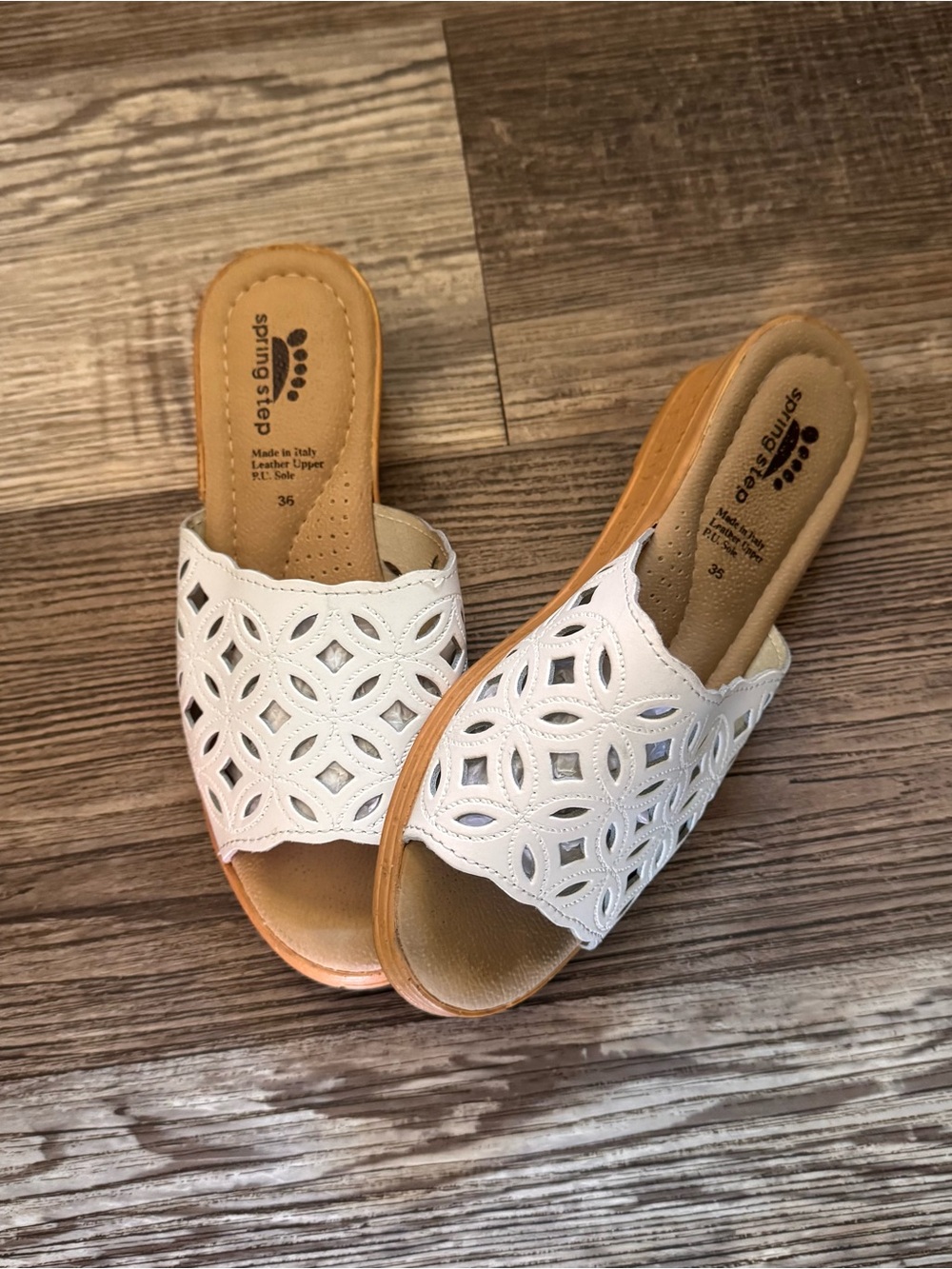 Spring Step White Laser-Cut Slide Mules Size 36